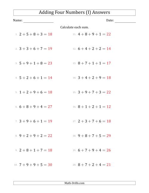 The Adding Four Numbers Horizontally (Range 1 to 9) (I) Math Worksheet Page 2