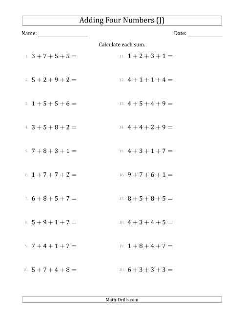 The Adding Four Numbers Horizontally (Range 1 to 9) (J) Math Worksheet