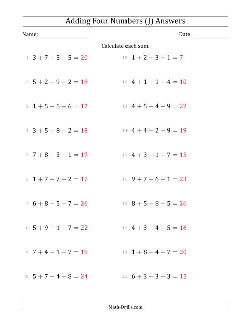 The Adding Four Numbers Horizontally (Range 1 to 9) (J) Math Worksheet Page 2