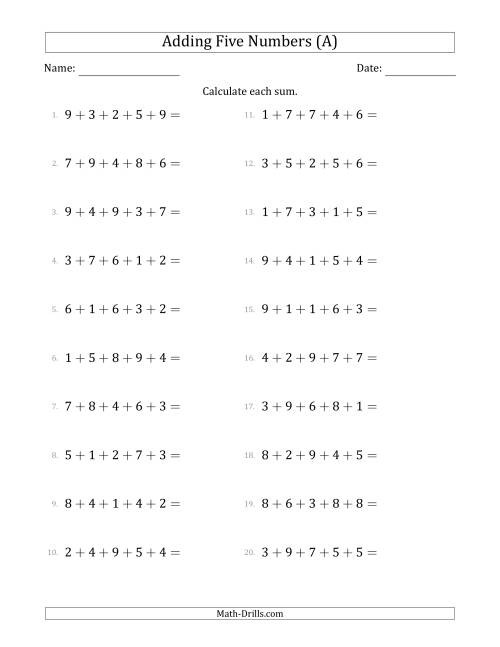 The Adding Five Numbers Horizontally (Range 1 to 9) (A) Math Worksheet