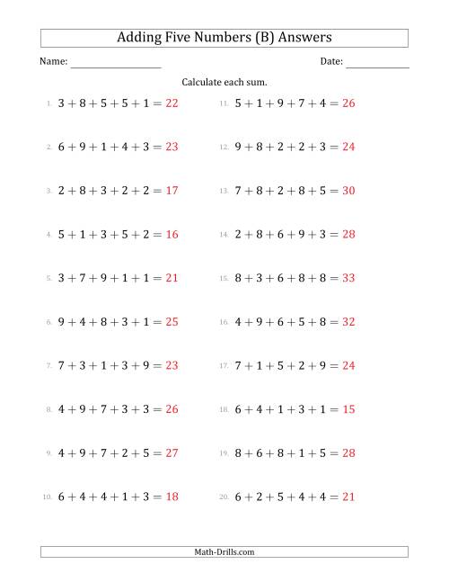 The Adding Five Numbers Horizontally (Range 1 to 9) (B) Math Worksheet Page 2