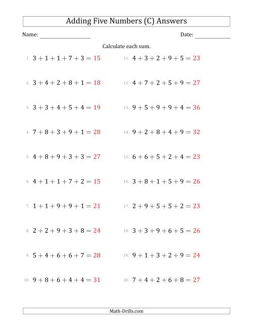 The Adding Five Numbers Horizontally (Range 1 to 9) (C) Math Worksheet Page 2