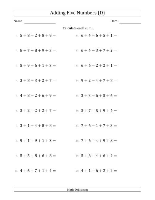 The Adding Five Numbers Horizontally (Range 1 to 9) (D) Math Worksheet