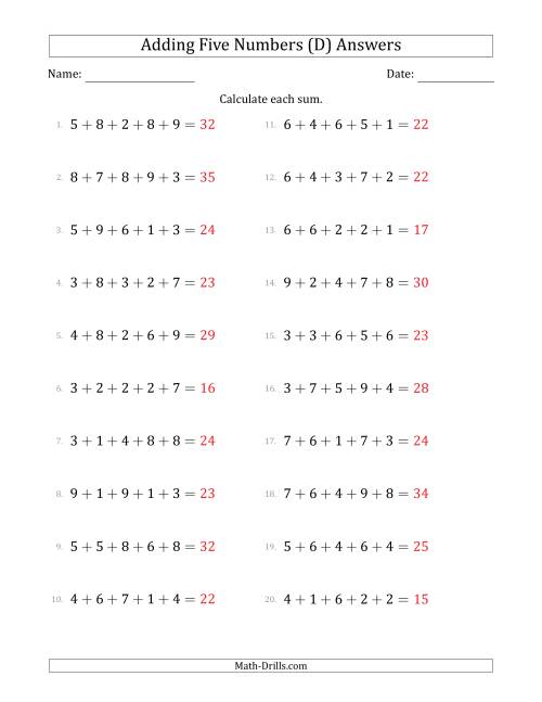 The Adding Five Numbers Horizontally (Range 1 to 9) (D) Math Worksheet Page 2