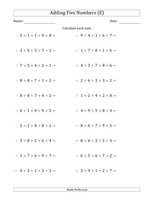 The Adding Five Numbers Horizontally (Range 1 to 9) (E) Math Worksheet