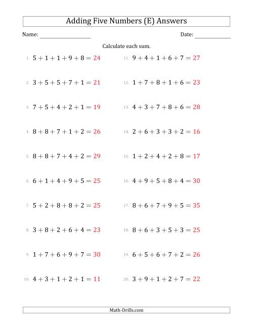 The Adding Five Numbers Horizontally (Range 1 to 9) (E) Math Worksheet Page 2