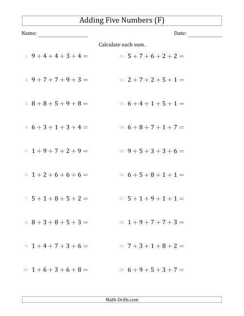 The Adding Five Numbers Horizontally (Range 1 to 9) (F) Math Worksheet