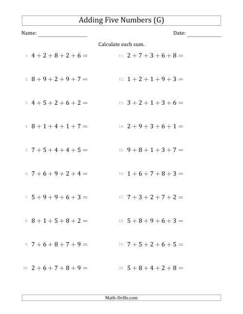 The Adding Five Numbers Horizontally (Range 1 to 9) (G) Math Worksheet