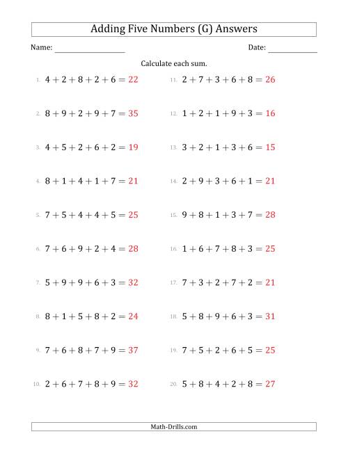 The Adding Five Numbers Horizontally (Range 1 to 9) (G) Math Worksheet Page 2