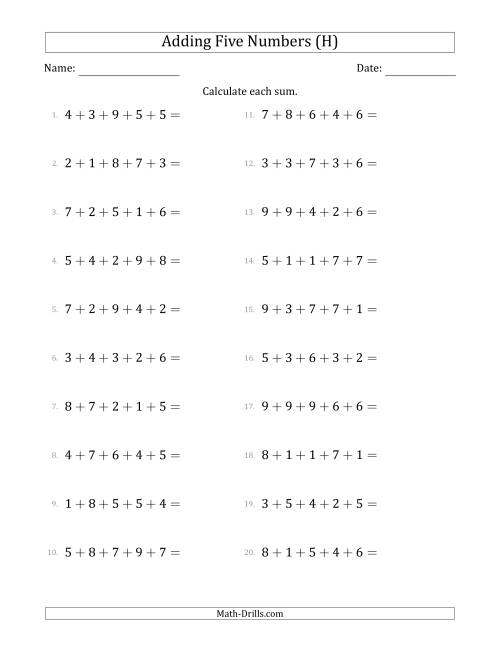 The Adding Five Numbers Horizontally (Range 1 to 9) (H) Math Worksheet