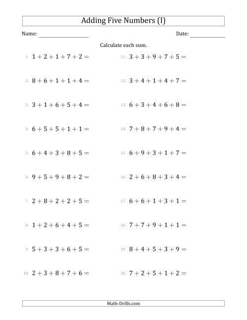 The Adding Five Numbers Horizontally (Range 1 to 9) (I) Math Worksheet