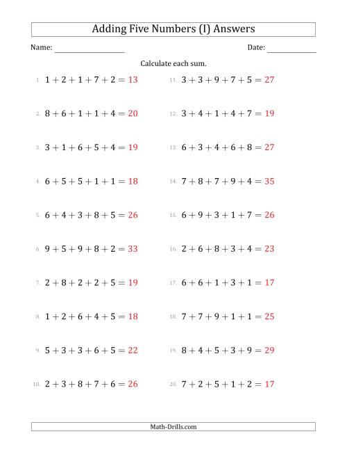 The Adding Five Numbers Horizontally (Range 1 to 9) (I) Math Worksheet Page 2