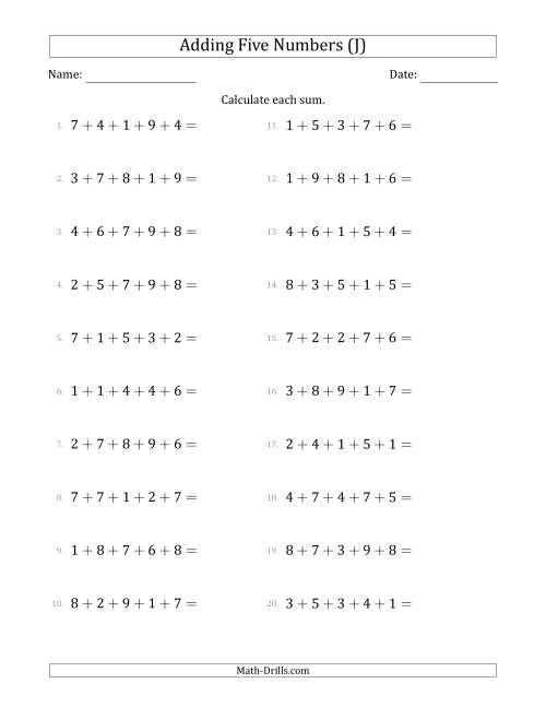 The Adding Five Numbers Horizontally (Range 1 to 9) (J) Math Worksheet