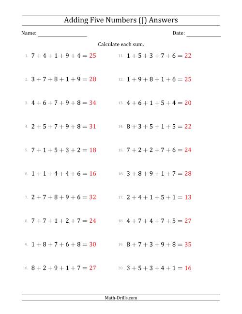 The Adding Five Numbers Horizontally (Range 1 to 9) (J) Math Worksheet Page 2