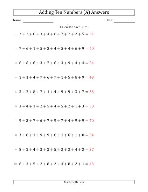 The Adding Ten Numbers Horizontally (Range 1 to 9) (A) Math Worksheet Page 2