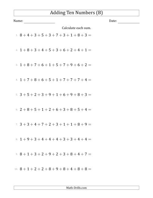 The Adding Ten Numbers Horizontally (Range 1 to 9) (B) Math Worksheet