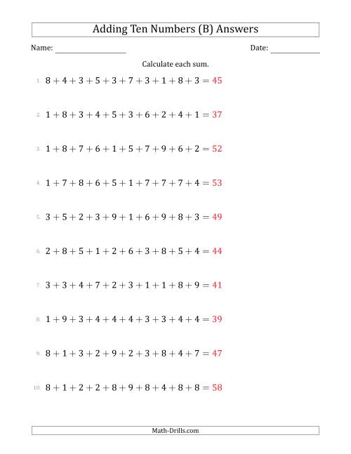The Adding Ten Numbers Horizontally (Range 1 to 9) (B) Math Worksheet Page 2