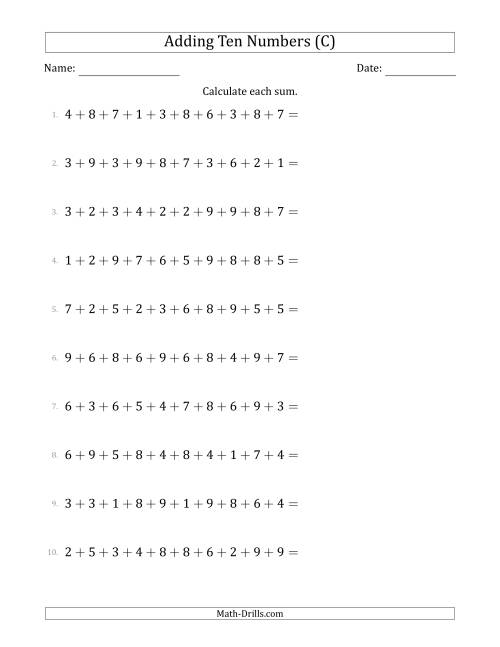 The Adding Ten Numbers Horizontally (Range 1 to 9) (C) Math Worksheet