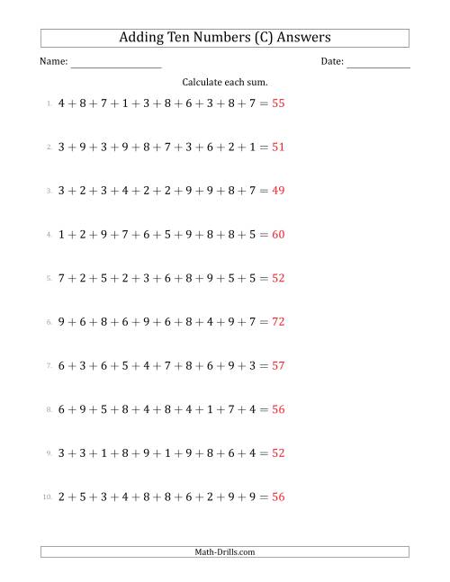 The Adding Ten Numbers Horizontally (Range 1 to 9) (C) Math Worksheet Page 2
