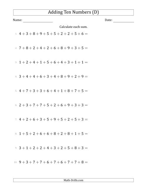 The Adding Ten Numbers Horizontally (Range 1 to 9) (D) Math Worksheet