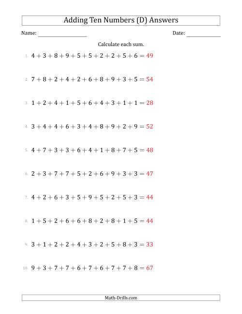The Adding Ten Numbers Horizontally (Range 1 to 9) (D) Math Worksheet Page 2