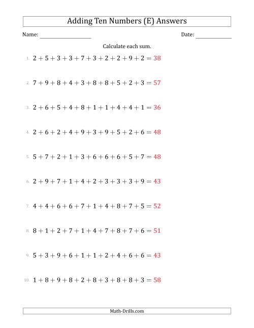 The Adding Ten Numbers Horizontally (Range 1 to 9) (E) Math Worksheet Page 2