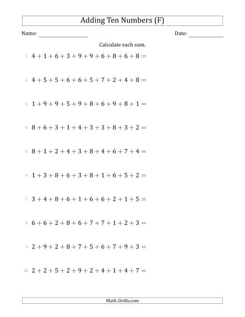 The Adding Ten Numbers Horizontally (Range 1 to 9) (F) Math Worksheet