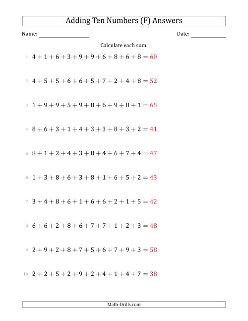 The Adding Ten Numbers Horizontally (Range 1 to 9) (F) Math Worksheet Page 2