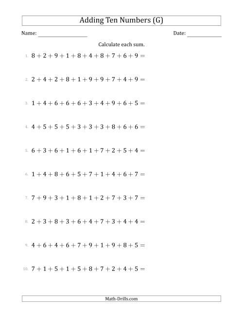 The Adding Ten Numbers Horizontally (Range 1 to 9) (G) Math Worksheet