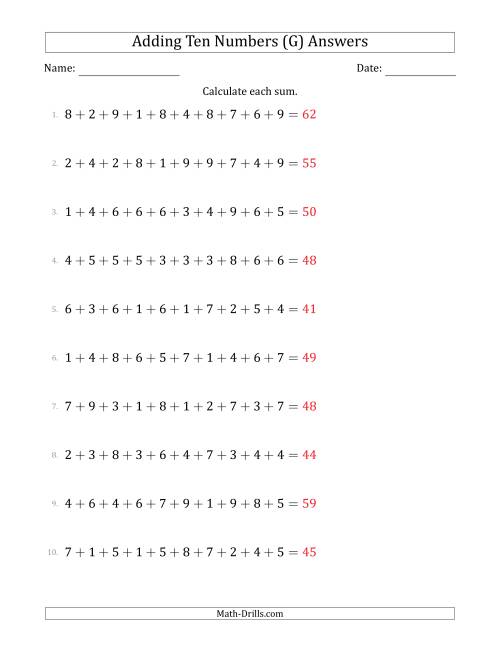 The Adding Ten Numbers Horizontally (Range 1 to 9) (G) Math Worksheet Page 2