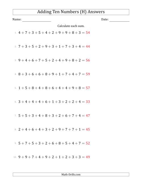 The Adding Ten Numbers Horizontally (Range 1 to 9) (H) Math Worksheet Page 2