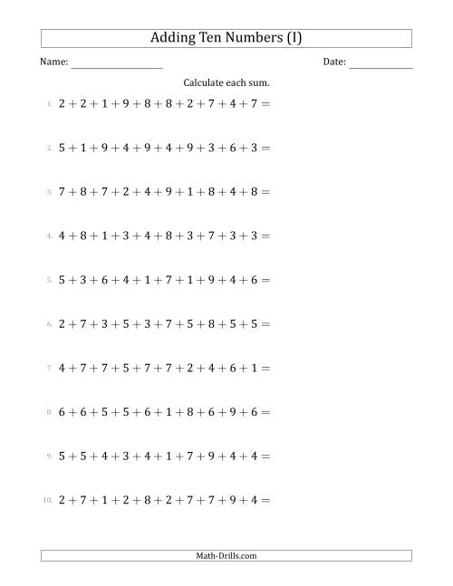 The Adding Ten Numbers Horizontally (Range 1 to 9) (I) Math Worksheet