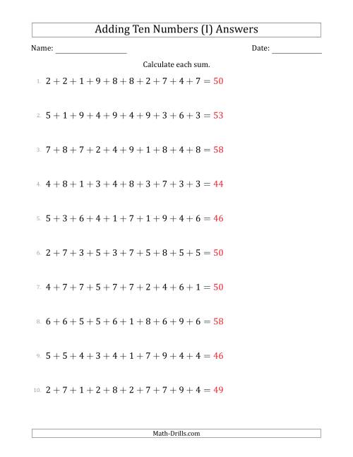 The Adding Ten Numbers Horizontally (Range 1 to 9) (I) Math Worksheet Page 2