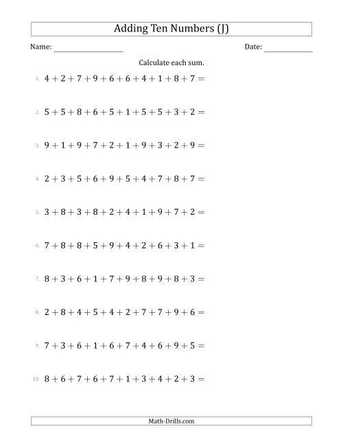 The Adding Ten Numbers Horizontally (Range 1 to 9) (J) Math Worksheet
