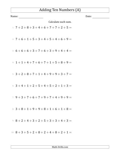 The Adding Ten Numbers Horizontally (Range 1 to 9) (All) Math Worksheet