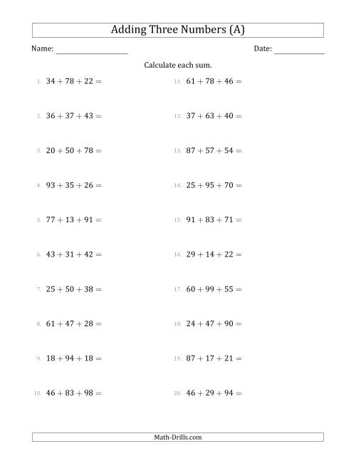 The Adding Three Numbers Horizontally (Range 10 to 99) (A) Math Worksheet