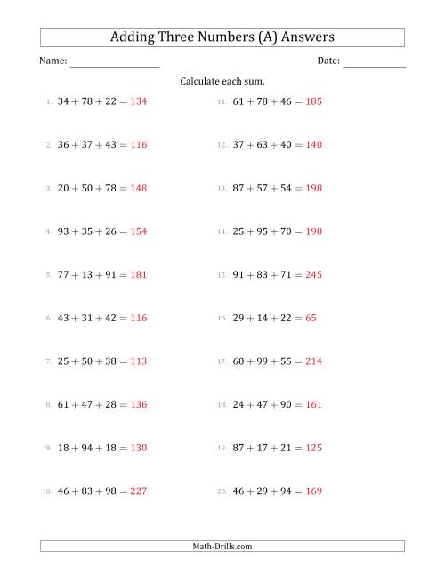 The Adding Three Numbers Horizontally (Range 10 to 99) (A) Math Worksheet Page 2