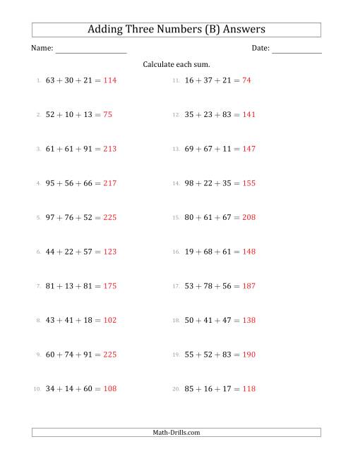 The Adding Three Numbers Horizontally (Range 10 to 99) (B) Math Worksheet Page 2