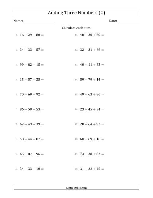 The Adding Three Numbers Horizontally (Range 10 to 99) (C) Math Worksheet