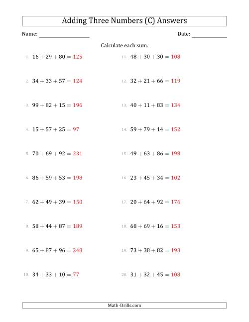 The Adding Three Numbers Horizontally (Range 10 to 99) (C) Math Worksheet Page 2
