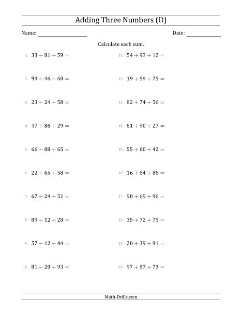 The Adding Three Numbers Horizontally (Range 10 to 99) (D) Math Worksheet
