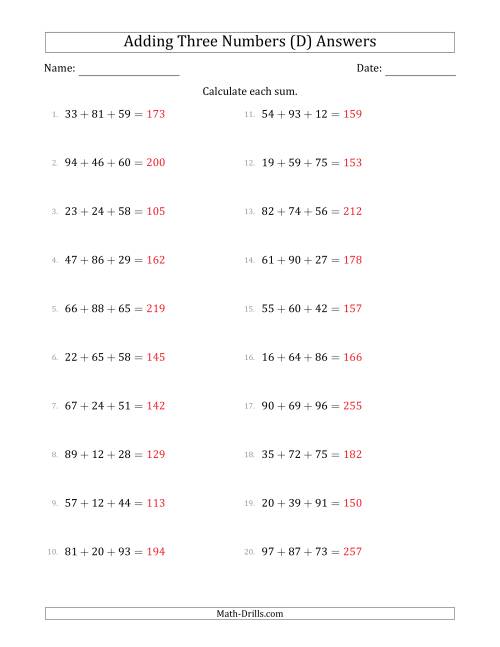 The Adding Three Numbers Horizontally (Range 10 to 99) (D) Math Worksheet Page 2
