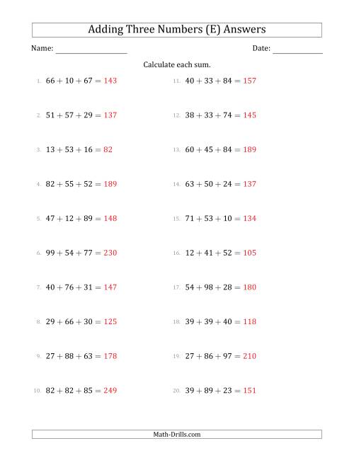 The Adding Three Numbers Horizontally (Range 10 to 99) (E) Math Worksheet Page 2
