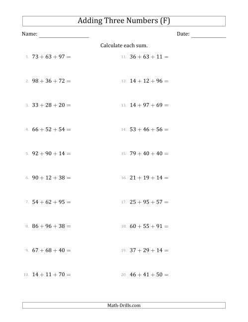 The Adding Three Numbers Horizontally (Range 10 to 99) (F) Math Worksheet