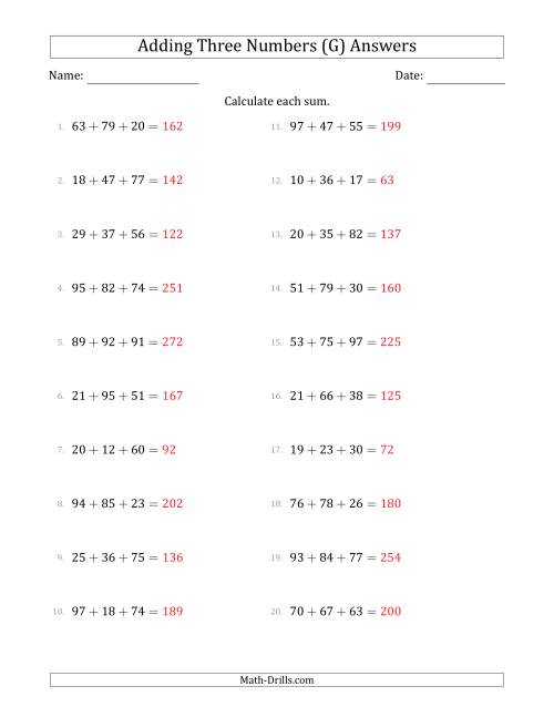 The Adding Three Numbers Horizontally (Range 10 to 99) (G) Math Worksheet Page 2