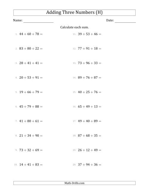 The Adding Three Numbers Horizontally (Range 10 to 99) (H) Math Worksheet