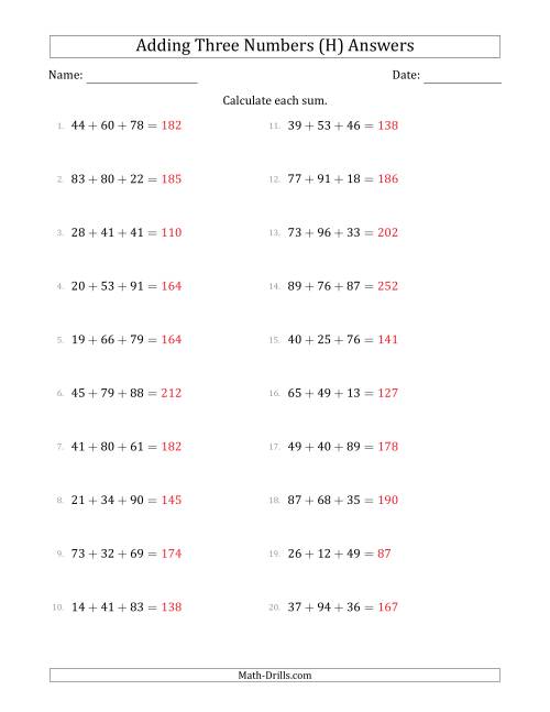 The Adding Three Numbers Horizontally (Range 10 to 99) (H) Math Worksheet Page 2