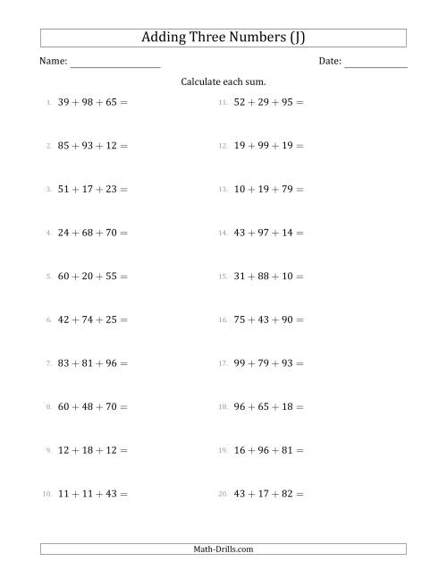 The Adding Three Numbers Horizontally (Range 10 to 99) (J) Math Worksheet