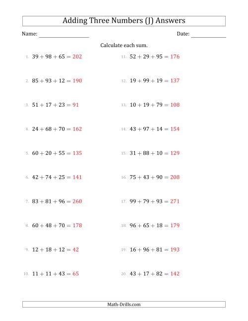The Adding Three Numbers Horizontally (Range 10 to 99) (J) Math Worksheet Page 2