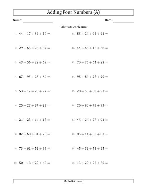 The Adding Four Numbers Horizontally (Range 10 to 99) (A) Math Worksheet